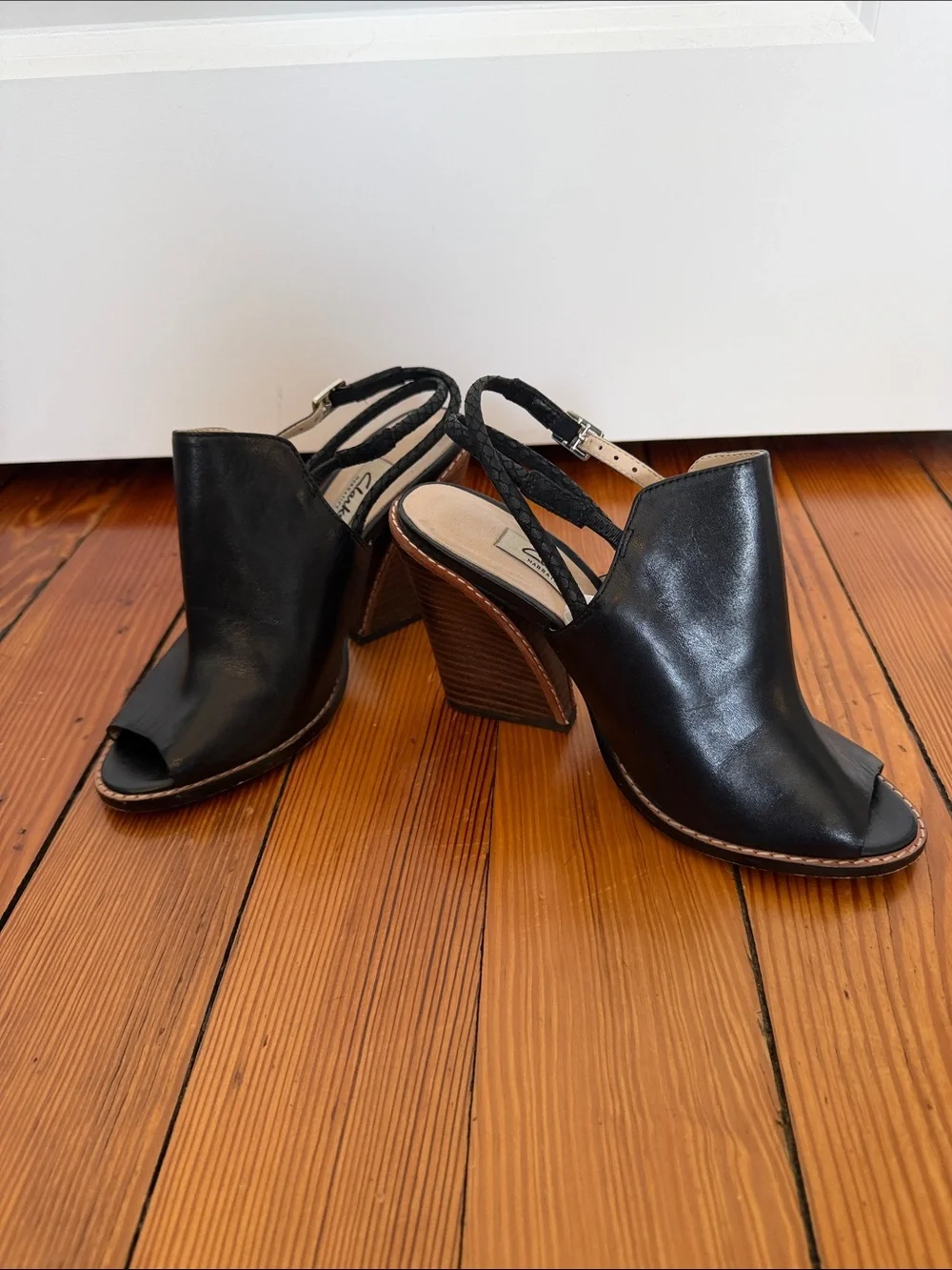 Clarks Black Leather Peep-Toe Slingback Block Heels
